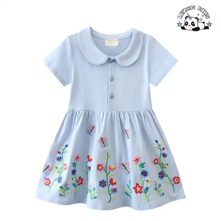 LEZONKIDS - Customizable Summer Short Sleeve Kids Cotton Flower Embroidery Craft Polo Casual Dress